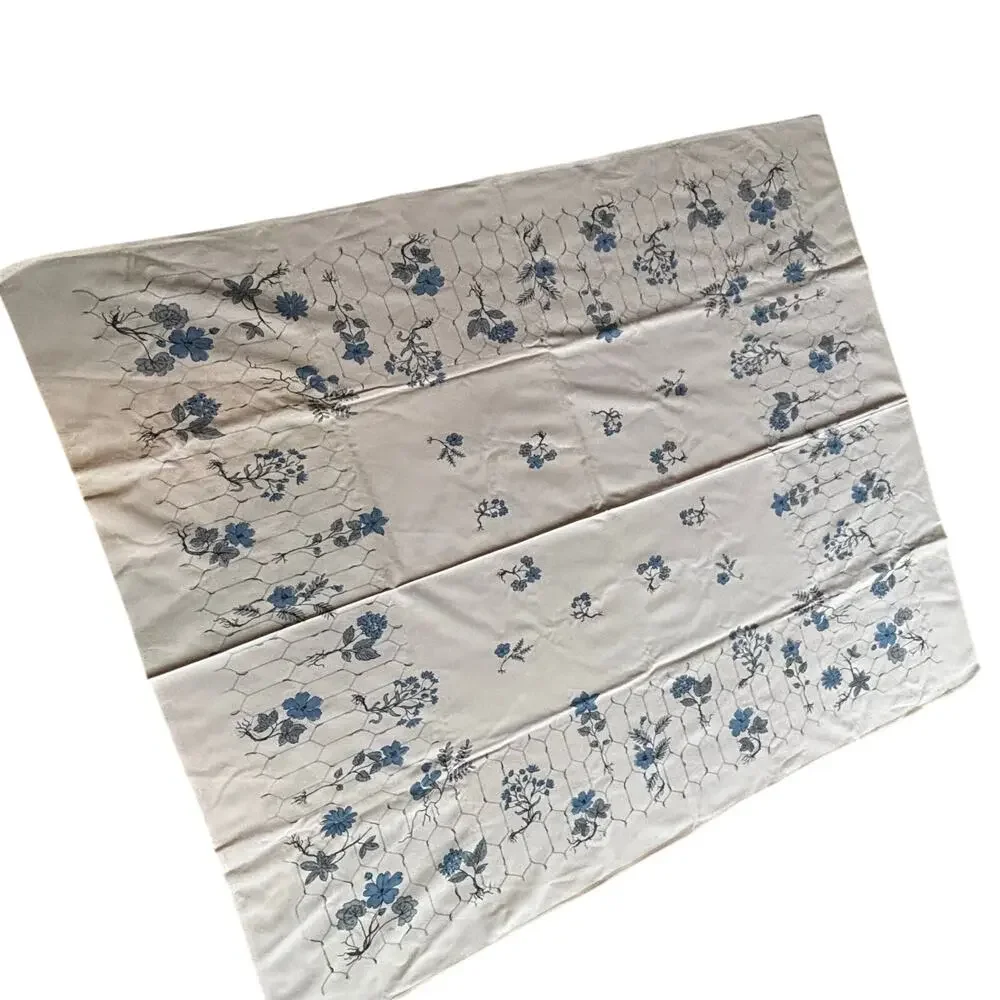 Vintage tablecloth printed cotton rectangle faded PINK blue & gray floral design